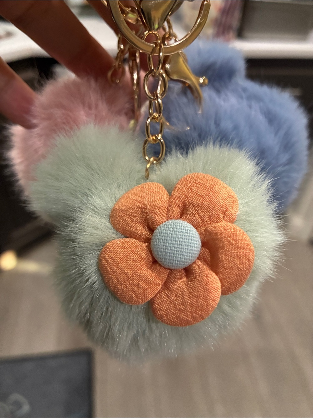 Faux Fur Pom Pom Keychain with Orange Flower set of 3 .